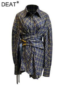 DEAT 2024 Осенняя женская рубашка с лацканами, однобортная винтажная клетчатая повязка с длинным рукавом, дизайнерская блузка, модная женская WO398 240306
