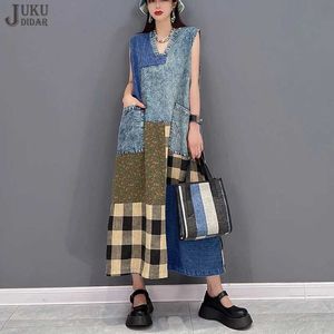 Grundlegende Freizeitkleider Denim Patchwork Sleless V-Ausschnitt Frau Casual Plaids Tank Kleid Loose Fit Tide Big Size Fe Holiday Jean Robe Style JJXD528C24315