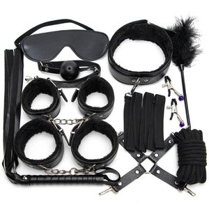 Sexy Leder Kits Plüsch Sex Bondage Set Handschellen Sex Spiele Peitsche Gag Nippel Klemmen Sex Spielzeug Für Paare Exotische Zubehör 240312