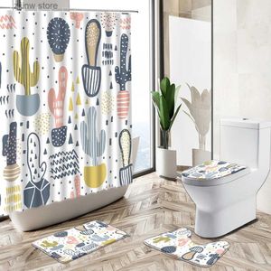 Shower Curtains Cartoon Hand Painted Plant Potted Shower Curtain Tropical Cactus Leaf Kid Bathroom Decor Non-Slip Rug Toilet Cover Bath Mat Set Y240316