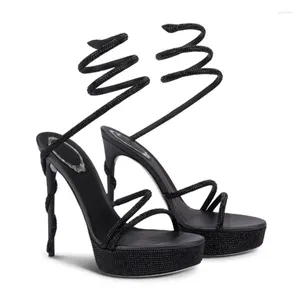 Dress Shoes 2024 Gladiator Sandals Woman Rhinestone Ankle Snake Twine Around Wedding Super High Heel Platform Women