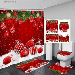 Shower Curtains Red Christmas Shower Curtain Set Green Pine Branches Rope Ball Winter New Year Xmas Bathroom Decor Rug Bath Mat Toilet Lid Cover Y240316