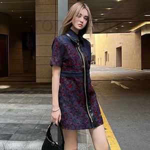 Runway Dresses Designer Womens Summer Simple Printed Comfortable Luxurys Fashion Women Flocked Belted Shirt Dress Denim Zip-Up Woman Clothing Shopping Party A-line
