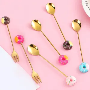 Forks 1PC Stainless Steel Cute Doughnut Fork Dessert Ice Cream Flatware Donuts Candy Spoon Coffee Stirring Teaspoon Tableware Cutlery