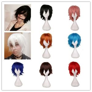 QQXCAIW MALE WIG BLACK WHITH PURPLE RED RED SHORT HAIR COSPLAYアニメコスチュームハロウィーンウィッグウィグ合成髪と男性用240305