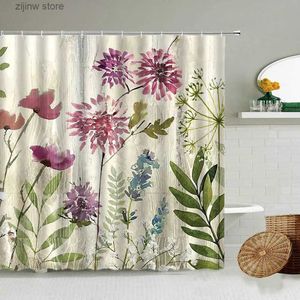 Shower Curtains Floral Scenery Shower Curtain Plant Flower Leaf Butterfly American Country Retro Bathroom Wall Decor With Hook Waterproof Screen Y240316