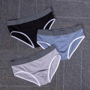 Underpants Men Briefs Mid Waist Elastic Soft Breathable Anti-septic U Convex Striped Contrast Color Casual Underwear