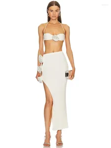 ワークドレス女性ホワイト二枚セットセクシーな弾力性のあるビスチャートップとオープンレッグロングスカート