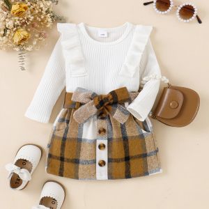 Vestidos mababy 018m criança infantil recém-nascido bebê menina roupas conjunto de malha manga longa macacão xadrez arco saias primavera outono roupas d01