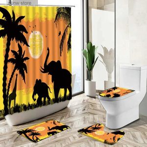 Tende da doccia Elefante Giraffa Alce Silhouette Tenda da doccia Animali selvatici Piante tropicali Oceano Tramonto Scenario Tappeto Copriwater Set da bagno Y240316