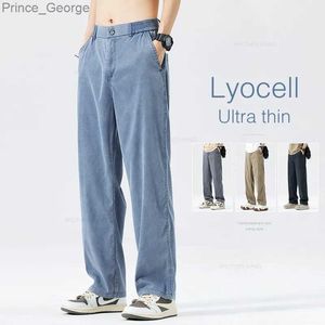 Jeans masculino verão fino folggy lyocell jeans mens moda gelo gelo na cintura elástico