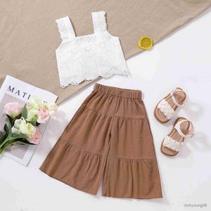 Clothing Sets Summer Girls Clothing Sets Casual Style Floral Lace Sleeveless Crop Tops+Wide Leg Pants Baby Clothes Children Kids Outfits