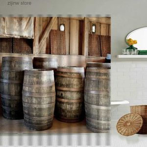 Shower Curtains Old Oak Barrel Shower Curtain Retro Wine Cellar Country Farmhouse Barn Bathroom Wall Decor With Hook Waterproof Polyester Screen Y240316