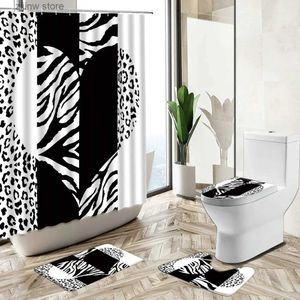 Shower Curtains African Leopard Shower Curtain Set Love Geometric Stripes Flower Design Bathroom Decor Non-Slip Carpet Toilet Cover Floor Mat Y240316