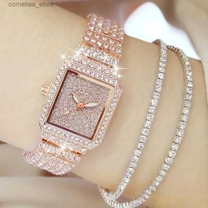 Other Watches 3pcs/set Ladies Luxury Women Crystal Rhinestone es Quartz Stainless Steel Strap Wrist Square Dial Wrist Y240316