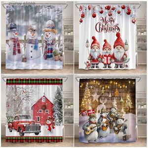 Shower Curtains Christmas Shower Curtains Funny Snowman Santa Claus Farm Red Truck Winter Xmas Bathroom Curtain Decor Polyester Cloth With Hooks Y240316