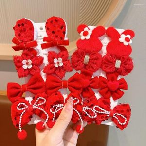 Hair Accessories 8Pcs Year Bow Clip Fshion Princess Flower Female Sequin Bowknot Hairpins Gift Red