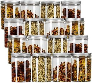 Tebery 16 Pack Clear Plastic Jars Bottles Containers with Silver Ribbed Lids 20oz Straight Cylinders Canisters for Food Home Sto9773041