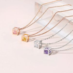 Charms halsband för kvinnor estetisk kub rosa zirkon rosguld färg choker kedja på nacksmycken koreanska 14 k guldhängen