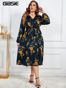 Gibsie Plus Size Purplice Neck Floral Print Print Aline Dres Spring Fall Vintage High Taister Plants 2023 240311