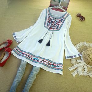 Tanklar Yeni 2021 Vintage Yaz Kadınlar Pamuk Nakışları Gömlek Giysileri Bohemia Blusa Feminina Gevşek Sevimli Gömlek Plus Boyut Tunik Bluz