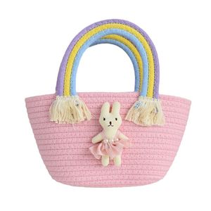 Girls 2024 New Rainbow Clouds Handbag Children's Woven Bag Korean Style Large Capacity Straw Hand Bag
