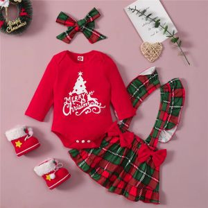 Dresses ZAFILLE Baby Girl Christmas Clothes Red Romper Bodysuit+Bow Plaid Skirts My First New Year Costume Baby Christmas Outfits