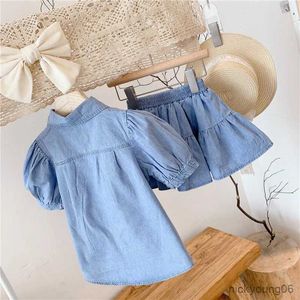 Clothing Sets Summer Girls Clothing Sets fashion Lapel Pocket Denim Puff Sleeve Top + Skirt 2Pcs Baby Kids Clothes Suit Children Clothing