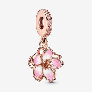 Roségoldener Kirschblüten-Charm-Anhänger aus Pandora-925-Silber, Charms-Set zur Herstellung von Armbändern, rosafarbene Blumen, Halsketten-Anhänger, Geschenk für Freundin, mit Originalverpackung