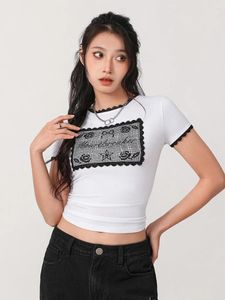 Women's T Shirts Women S Y2k Short Sleeve Crop Tops Sexy Round Neck Cute Bow Embroidery Ribbed Tight T-Shirts Aesthetics Streetwear