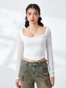 T-shirt da donna Top corto in rete di pizzo da donna Modello a manica lunga trasparente girocollo girocollo vestibilità aderente streetwear per uscire