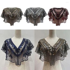 Lenços 1920s Flapper Shawl Vintage Bordado Lantejoula Lante Preto Curto Cobertura Vestido Acessório Malha Frisada Cape Party