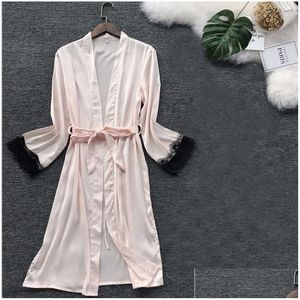 Kobiety Sleep Sleep Lounge Silk Silk Pajamas Kimonos koronkowe przycięte domowe ubranie upusz