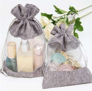 10x14cm Clear Window Jute Gift Bag Burlap Party Favor Sack Bag Linen Drawstring Pouch Organza Jewelry Gift Candy Bag3716205