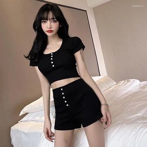 Women's Tracksuits Women Crop Top Shorts Set Bodycon High Waist Casual Short Sleeve Outfits For One Size 2 Piece