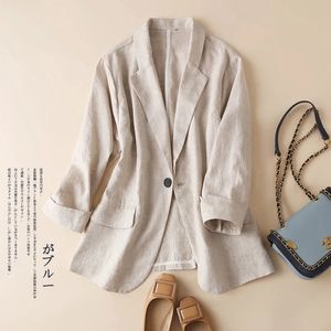 Bomull och linne liten kostym Kvinnor Blazer Summer Korean Fashion Thin Coat Three-Quarter Sleeve Casual Blazers Jacket 240306