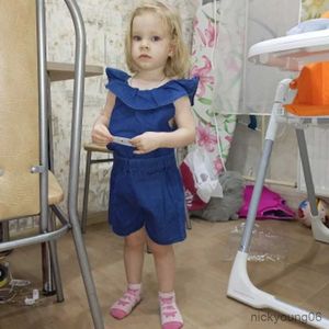 Set di abbigliamento 2020 Set di abbigliamento per ragazze estive Moda Denim Spalla Manica volante Top + Pantaloncini 2 pezzi Abbigliamento per bambini per bambini Abbigliamento per bambini