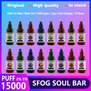 SFOG Oryginalne Puff 15000 Dostęp E Papieros Soul Bar 15000 Puffs Vape Puff 15K 22 ml Prefillowana cewka siatki Pod 6 RGB Światła 15 Smaki Vapes Pen Pen vs BC 10000