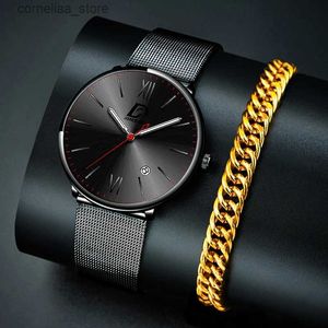 Other Watches 2023 Luxury Mens es Gold Bracelets Stainless Steel Mesh Belt Quartz Wrist Men Calendar Luminous Clock Y240316