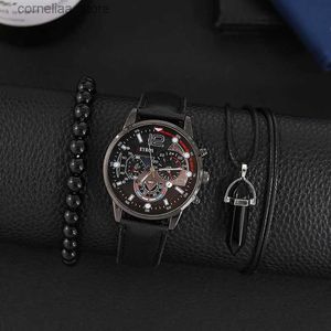 Outros relógios 3 PCS Minimalismo Moda Mens es Simples Homens Negócios Couro Quartz Masculino Casual Colar Pulseira Pulso Y240316