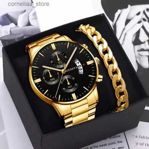 Other Watches Luxury Fashion Mens es Men Business Casual Stainless Steel Quartz Wristes Male Gold Clock Bracelets Set Y240316