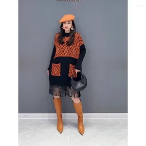 カジュアルドレスSuperaen 2024冬の韓国スタイルのカラーブロック肥厚ミッド長さのトップセータードレス