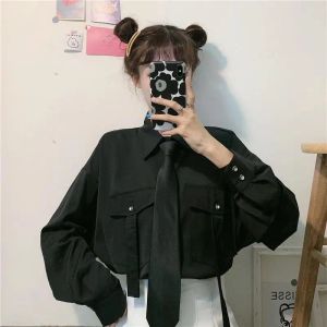 Tanks Qweek Women White Shirt Long Sleeve Tops with Bow Tie 2021 Fashion Japanese Korean Button Up Blouse to School Oversized Clothes