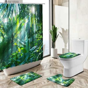 Shower Curtains Tropical Rain Forest Scenery Shower Curtain Palm Leaf Green Plants Nature Landscape Home Decor Rug Toilet Cover Bath Mat Set Y240316