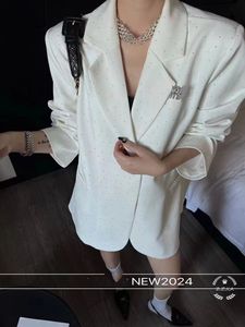 Women's loose medium long cool fashion rhinestone logo pin blazers suits SMLXL