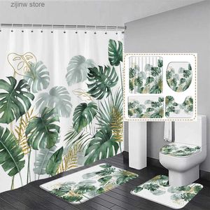 Shower Curtains Tropical Plant Leaves Shower Curtain Set Watercolour Green Gold Palm Leaf Monstera Home Bathroom Decor Bath Mat Toilet Lid Cover Y240316