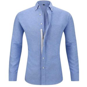 Camisas casuais masculinas de algodão tamanho americano Oxford Spin outono / inverno com zíper botão falso longo sle camisa masculina não casual respirável de alta qualidadeC24315