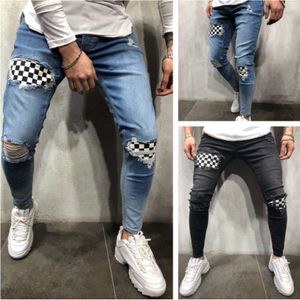 Mens Jeans with Torn Holes Elastic Patches Small Leg Pants Fashion