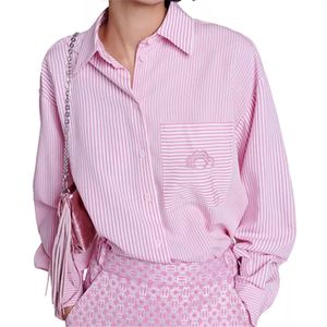 2024 Spring/Summer New Maje Designer Flower Embroidery Shirt Lapel Button Lazy French Long sleeved Women's Top Pink Stripe Versatile Shirt