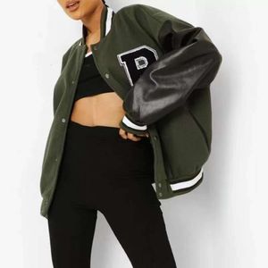 Nytt modebrevtryck Hip-Hop Fleece Padded Varsity Women's Patchwork Pu Sleeve Baseball Jacket 85 24 24